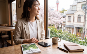 さんぽでカフェに寄り、リラックスする女性