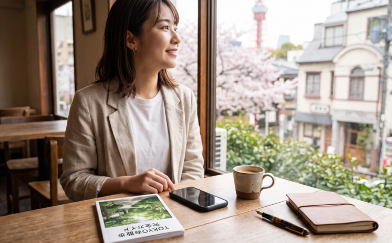 さんぽでカフェに寄り、リラックスする女性